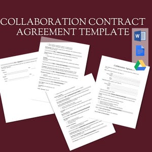 May include: A collection of white paper documents with the text "COLLABORATION CONTRACT AGREEMENT TEMPLATE" in a bold, sans-serif font. The documents are arranged on a dark red background, with icons for Microsoft Word, Google Docs, and Google Drive.