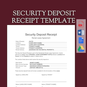 Plantilla de recibo de depósito de garantía del propietario / Carta de prueba para el nuevo inquilino / Contrato de arrendamiento residencial / Requisito de contrato / Documento de Word editable, PDF