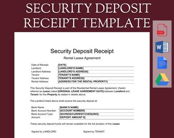 Landlord Security Deposit Receipt Template | Letter Proof to New Tenant | Residential Lease | Contract Requirement | Editable Word Doc, PDF