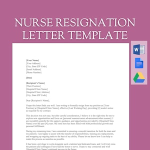 Peut inclure: Modèle de lettre de démission d'infirmière avec un design rose et blanc. Le texte "NURSE RESIGNATION LETTER TEMPLATE" est en haut. La lettre comprend des espaces réservés pour les informations de l'expéditeur et du destinataire, et une déclaration de démission.