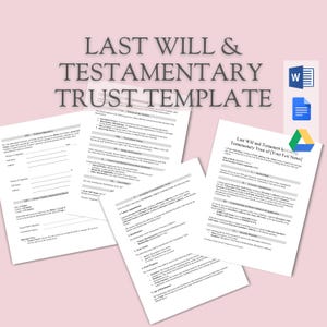 Może przedstawiać: Drukowany wzór testamentu z testamentem powierniczym. Szablon jest dostępny w formatach Word, Google Docs i Google Drive. Dokument zawiera sekcje dotyczące danych osobowych testatora, beneficjentów i instrukcji dotyczących rozdysponowania majątku.