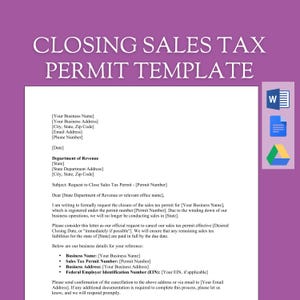 Plantilla de carta de permiso de impuesto sobre las ventas / Cancelación de permiso de impuesto estatal / Específico de EE. UU. / Documento de Word editable / Descarga instantánea / Profesional personalizado