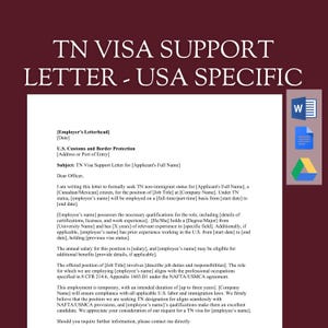 Modelo de Carta de Apoio ao Visto TN | Carta de Visto de Trabalho Empregadores dos EUA, Documento de Imigração para Canadenses e Mexicanos | Word Editável, Download Instantâneo