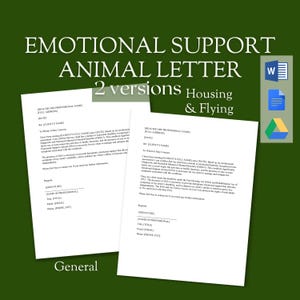 Carta de recomendación de animal de apoyo emocional / Alojamiento de la ESA / Derechos de vuelo de la ESA / Plantilla editable de MS Word / 2 versiones
