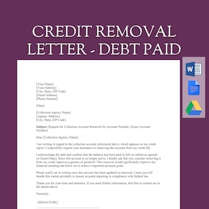 Modelo de carta de eliminación de cuenta de cobro / Disputa por deuda pagada / Reparación de crédito y limpieza de informes / Documento de MS Word editable, descarga instantánea