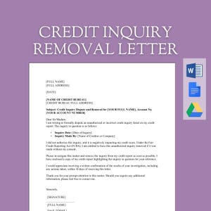 Credit Inquiry Removal Letter Dispute | Hard Inquiry | Credit Repair | Inaccurate Credit Report | Poor Bad Credit | Editable Word Template