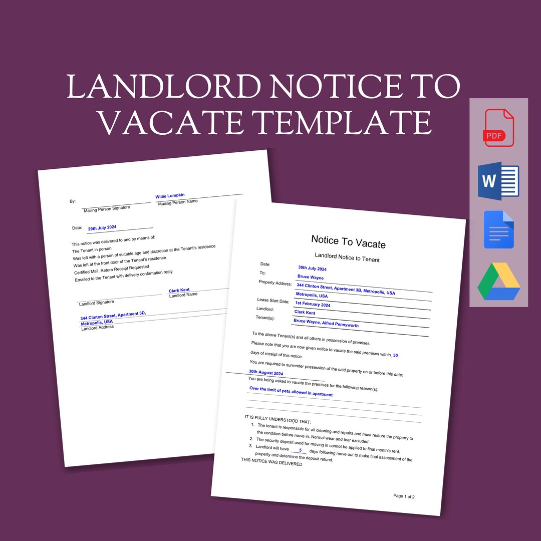 Landlord Notice to Vacate Template Customizable Eviction Rental