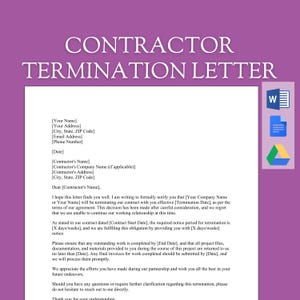 May include: A formal letter template for terminating a contract with a contractor. The letter includes spaces to fill in the names, addresses, dates, and other relevant information.