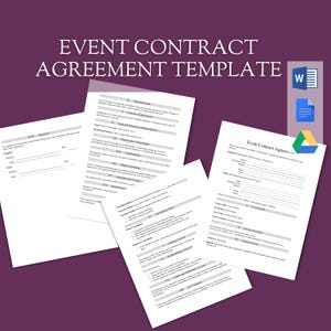 May include: A black and white event contract agreement template with the title "Event Contract Agreement Template" in bold, white text. The template is divided into sections with headings such as "Event Details", "Client Information", "Services", and "Payment Schedule".