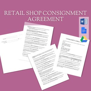 May include: A black and white legal document titled "Consignment Agreement" with sections for "Details of Consignment", "Points of Agreement", "Sale Price and Commission", "Insurance and Credit Terms", "Returns and Damaged Goods", and "Termination and Conclusion".