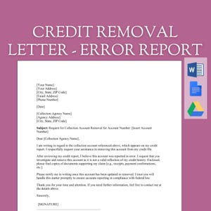 Plantilla de carta de disputa por error en informe crediticio / Eliminación de cuenta de cobro / Corrección de error de deuda / Documento de MS Word editable, descarga instantánea