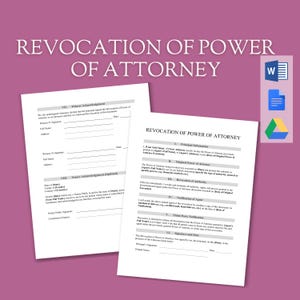 May include: A black and white printable document titled "Revocation of Power of Attorney". The document includes sections for Principal Information, Original Power of Attorney, Revocation of Authority, Notification of Agent, Third-Party Notification, and Signature and Date.