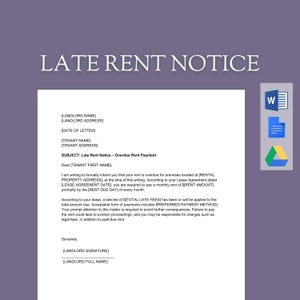 Aviso de alquiler atrasado / Alquiler impago / Alquiler atrasado / Cargos por pago atrasado / Demanda de pago / Carta del propietario al inquilino / Plantilla editable de MS Word