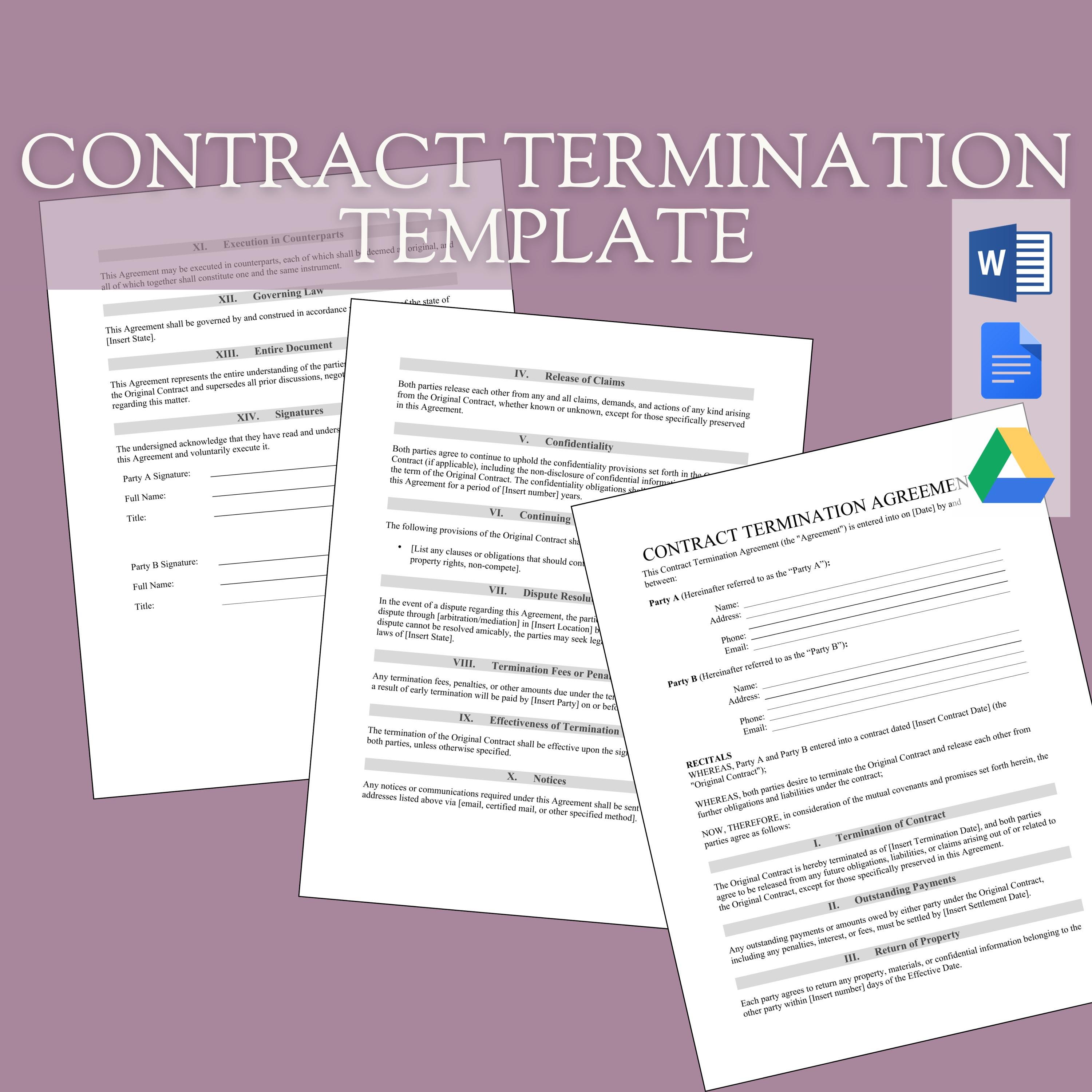 Contract Termination Agreement Template | Legal End Business Contracts & Agreements, Quick Closure | Editable Word Template Instant Download
