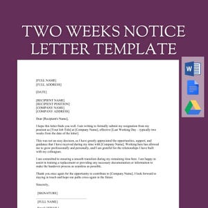 Plantilla de carta de aviso con dos semanas de antelación / Carta de renuncia profesional / Transición laboral / Aviso de baja laboral / Word editable, descarga instantánea