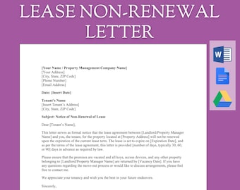 Modello di lettera di avviso di mancato rinnovo per il locatore / Modulo di risoluzione del contratto di locazione e notifica dell'affitto dell'inquilino / Modello Word modificabile da scaricare immediatamente