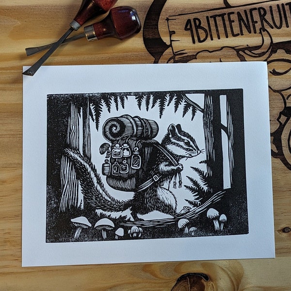 Linocut print "The Forager" AKA Chippies Big Adventure