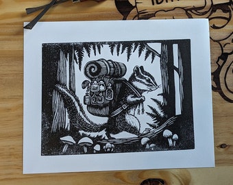 Linocut print "The Forager" AKA Chippies Big Adventure