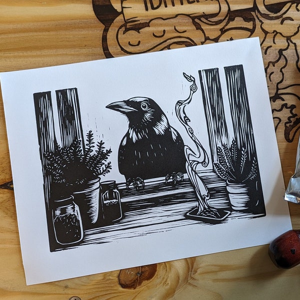 Linocut Print "The Familiar" Crow Friend Art