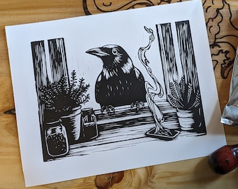 Linocut Print "The Familiar" Crow Friend Art