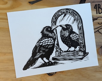 Linocut Print "Who's a Handsome Boy?" Raven Art