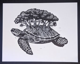 Linocut print, "Sea Turtle Caye"