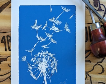 Linocut print "Wish" dandelion seeds