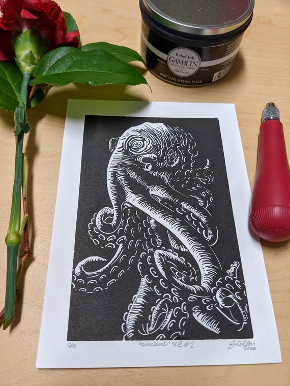 Linocut print Ancient octopus Etsy