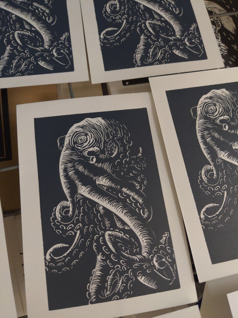 Linocut print Ancient octopus Etsy
