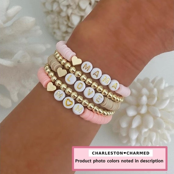 Gold Bracelet With White/gold Letter Beads -   Beaded bracelets,  Beaded bracelet patterns, Beaded jewelry designs