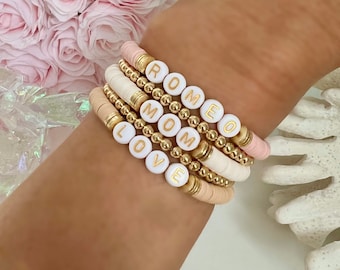 Champagne Gold Disc Heishi Bracelet | Personalized Name Bracelets | Custom Beaded Bracelets | Name Bracelet | Gold Heart Womens Bracelets