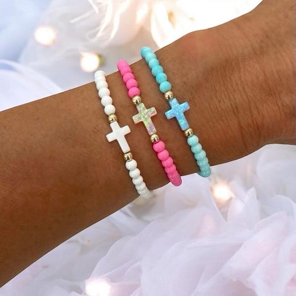 New! Iridescent Opal Cross Bracelet | Cross Bracelet | 14k Gold Filled Accent Bead Bracelet | Jesus Bracelet | Stacking Bracelets | Blessing
