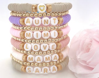 Custom Name Bracelet/ Custom Word or Initials Bracelet/ Gift for Her/ Clay  Disc Beads/ Single Bracelet/ 6mm Square Letter Beads 