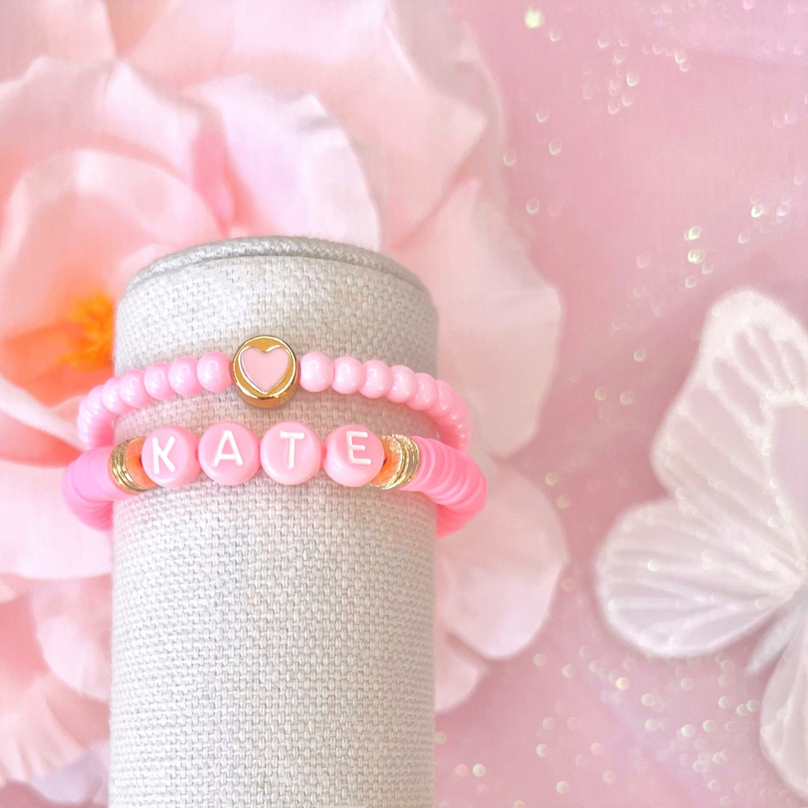 Pretty in Pink Heishi Bracelet Set Heart Charm Bracelets Etsy