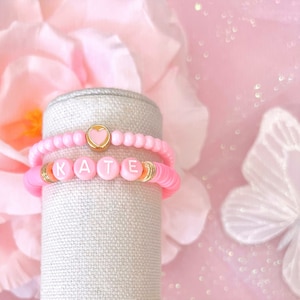 Pretty in Pink Heishi Bracelet Set | Heart Charm Bracelets | Gold Bead Bracelets | Womens Gold Beaded Bracelets | Pink Hearts Bracelets |