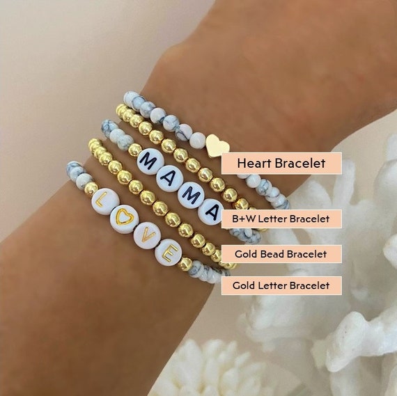 Gold Bracelet With White/gold Letter Beads -   Beaded bracelets,  Beaded bracelet patterns, Beaded jewelry designs