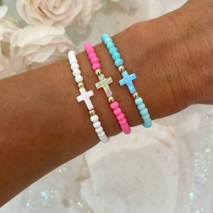 New! Iridescent Opal Cross Bracelet | Cross Bracelet | 14k Gold Filled Accent Bead Bracelet | Jesus Bracelet | Stacking Bracelets | Blessing