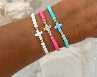 New! Iridescent Opal Cross Bracelet | Cross Bracelet | 14k Gold Filled Accent Bead Bracelet | Jesus Bracelet | Stacking Bracelets | Blessing
