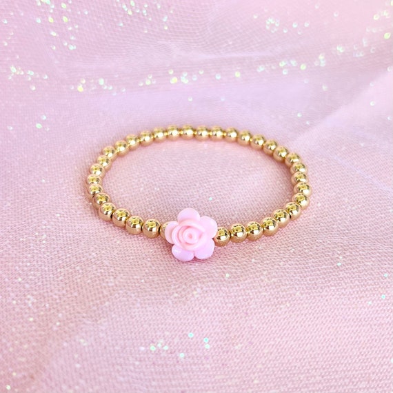 New! Love Shack Fancy Inspired Rose Stacking Bracelet | Floral Charm Bracelets | Bracelets | Womens 5mm 14K Gold Filled Beaded Bracelets