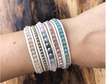 Pulsera de cuentas bohemia de 5 vueltas hecha a mano, joyería de piedra natural de cristal