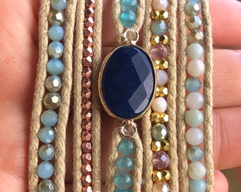 Pulsera bohemia de cinco vueltas con cuentas y cristal: pulsera bohemia de cuero vegano hecha a mano