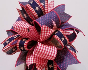 Patriotic Wreath Bow: Red Gingham, Navy Polka Dot, Americana Decor