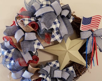 American Flag Door Wreath, Patriotic Red White and Blue Door Wreath, Fourth of July Decor, White Star Summer Door Wreath