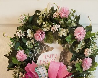 Floral Easter Bunny Wreath: Pink Spring Door Decor