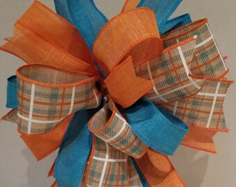 Fall Wreath Bow: Orange Teal Plaid, Autumn Lantern Decor