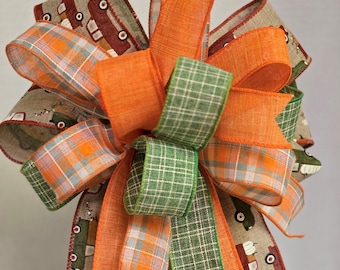 Farmhouse Fall Bow: Pumpkin Truck Wired Ribbon - Lantern or Wreath Topper