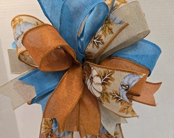 Fall Wreath Bow: Blue, Orange, and Tan Pumpkin Wired Ribbon