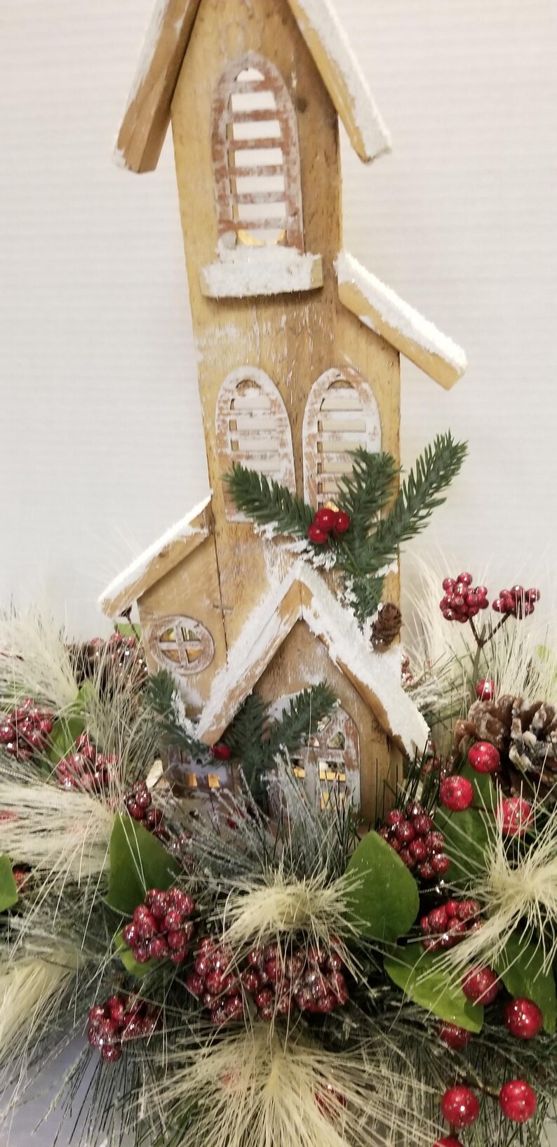 Christmas Church Table Centerpiece, Winter Country Church Arrangement