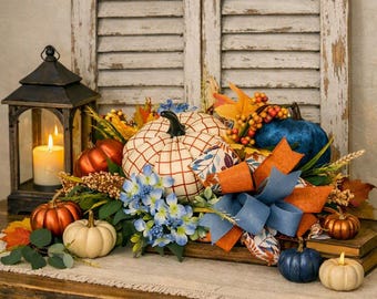 Fall Pumpkin Table Centerpiece: Plaid & Velvet Pumpkins, Autumn Decor