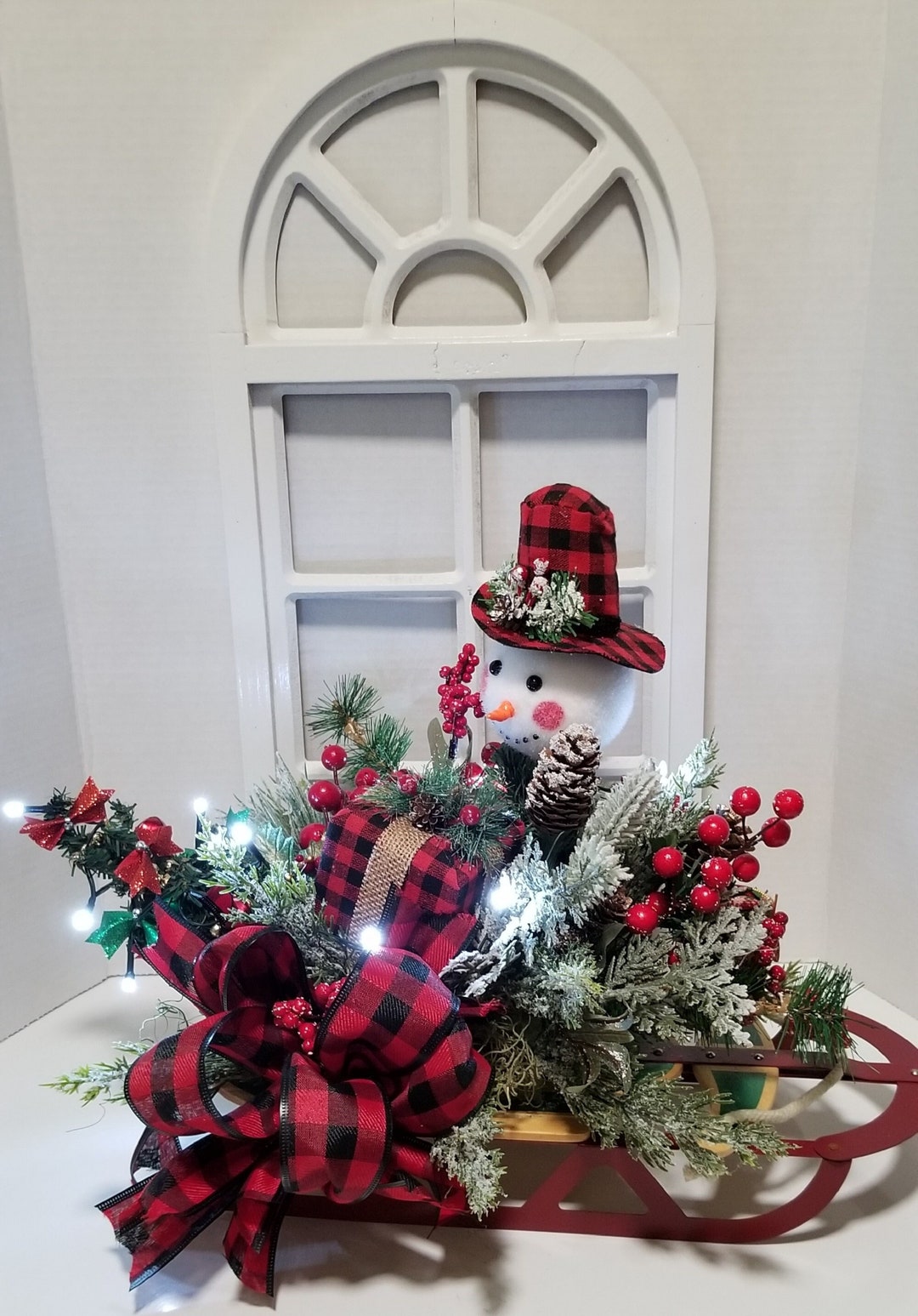Rustic Wooden Sled Snowman Floral Arrangement, Christmas Table